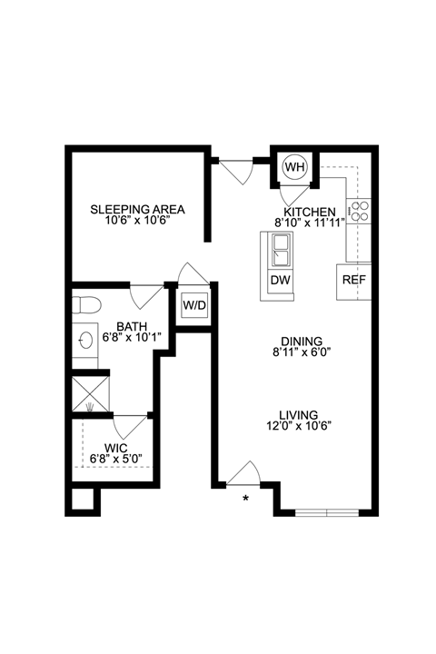 Floor plan for studio, 1 bath, 583 sqft